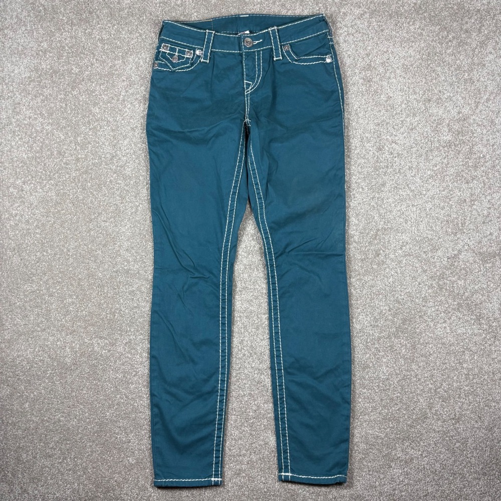 True Religion Skinny Teal Blue Big T Contrast Stitch Jeans Size 26